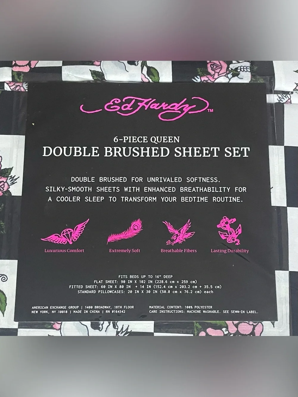 Ed Hardy DP 6-pc Queen Sheet Set Black White Checkered Skulls Pink Roses NEW NIP
